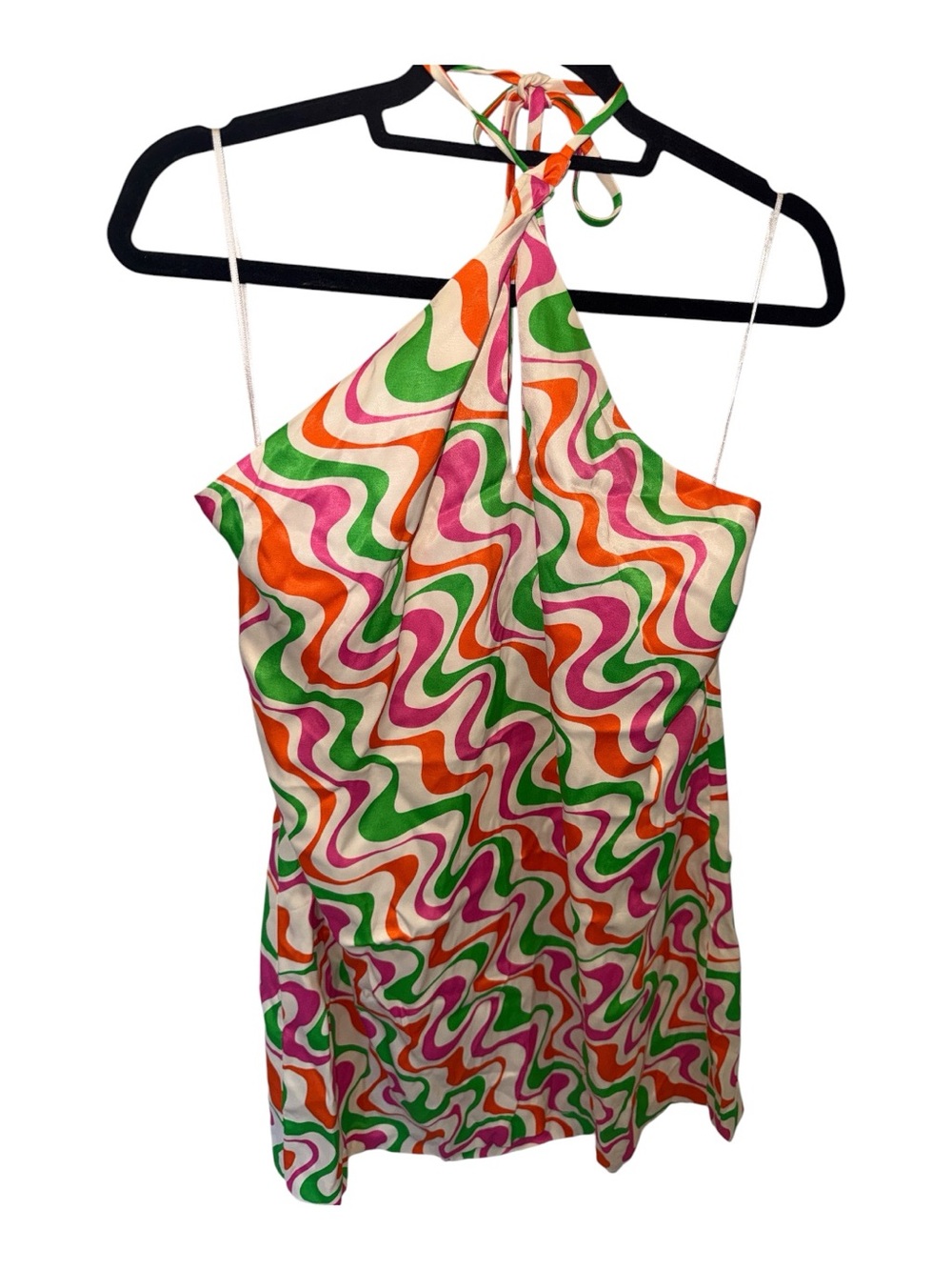 Zara Halter Mini Dress in Pink, Green, Orange, Cream Wave Print - Picture 3 of 7